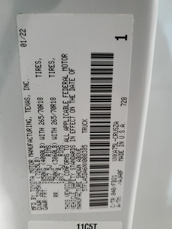 2022 TOYOTA TUNDRA DOUBLE CAB SR VIN:5TFLA5DA6NX008385