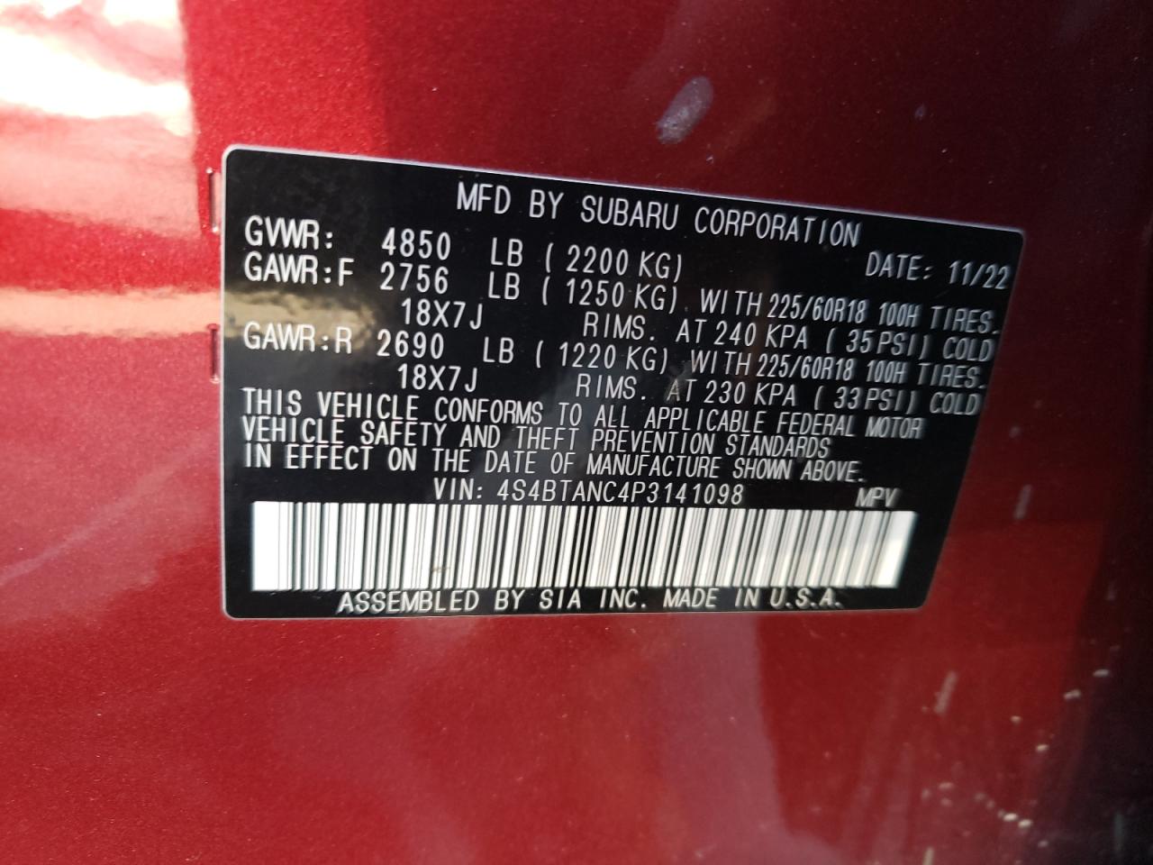 2023 SUBARU OUTBACK LIMITED VIN:4S4BTANC4P3141098