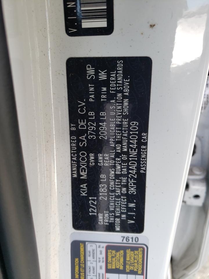 2022 KIA FORTE FE VIN:3KPF24AD1NE440109