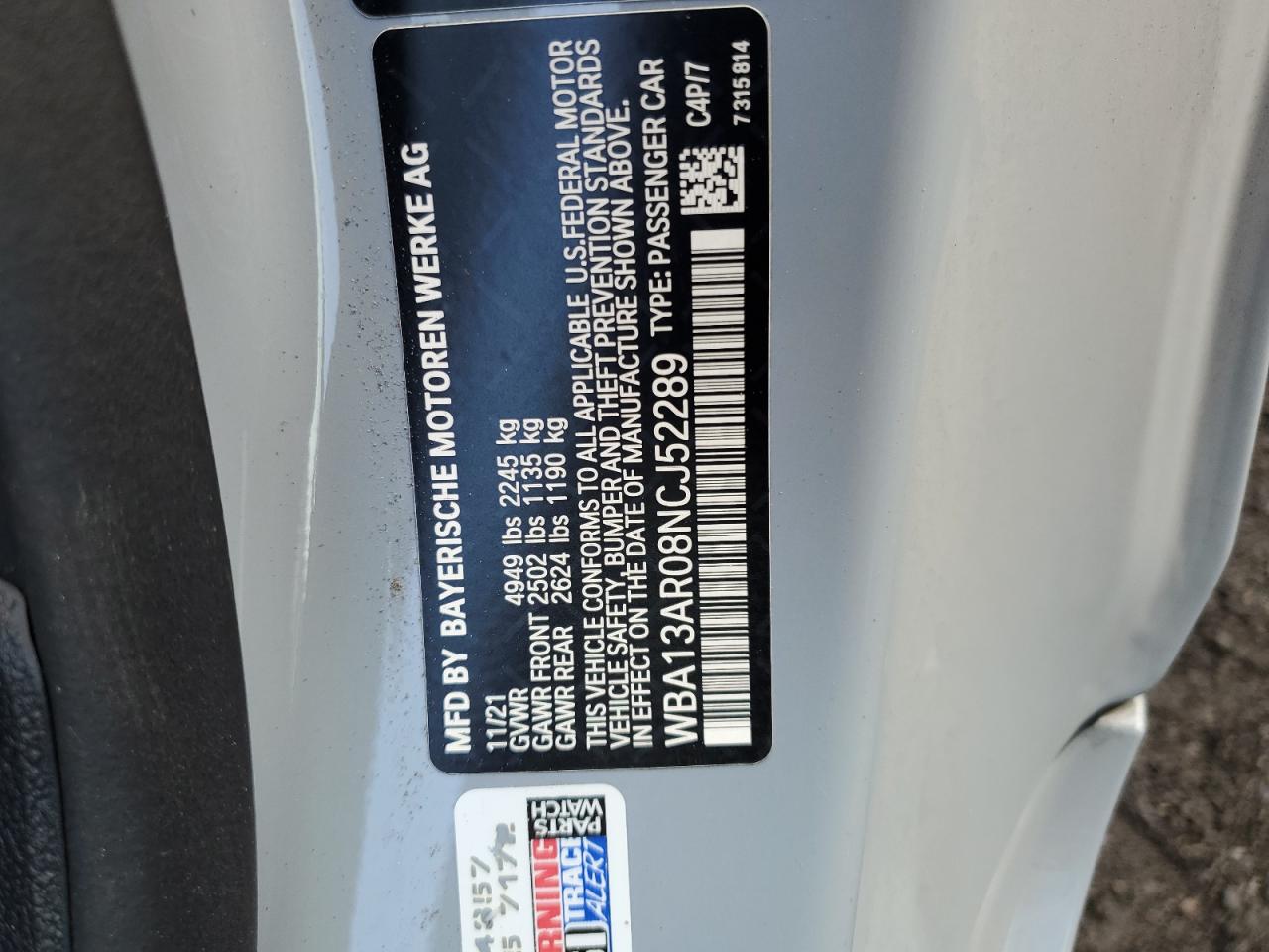 2022 BMW M440XI VIN:WBA13AR08NCJ52289