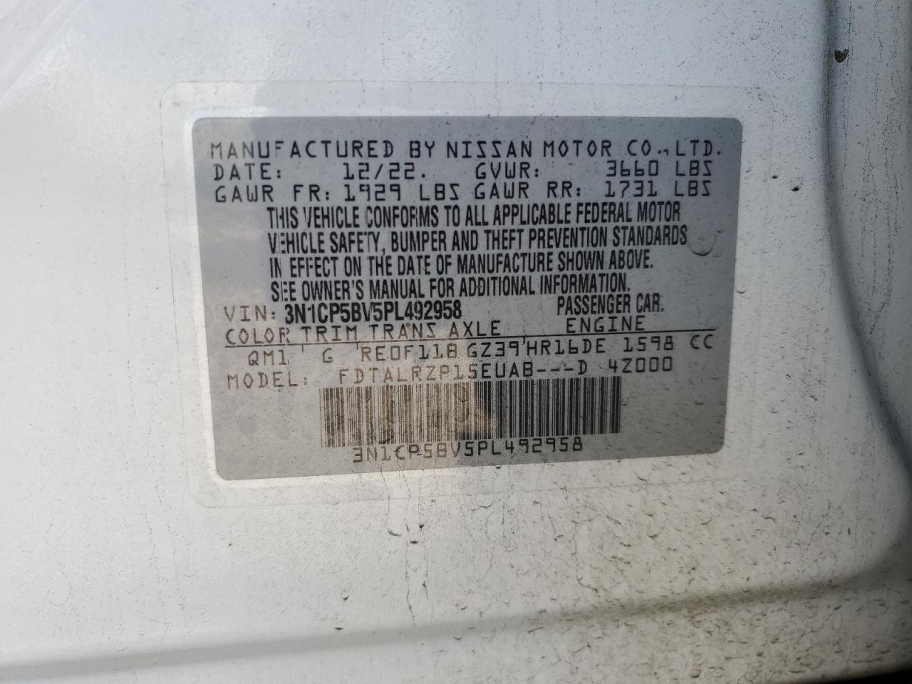 2023 NISSAN KICKS S VIN:3N1CP5BV5PL492958