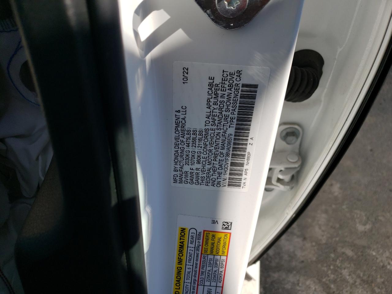 2022 HONDA ACCORD SPORT VIN:1HGCV1F38NA096579
