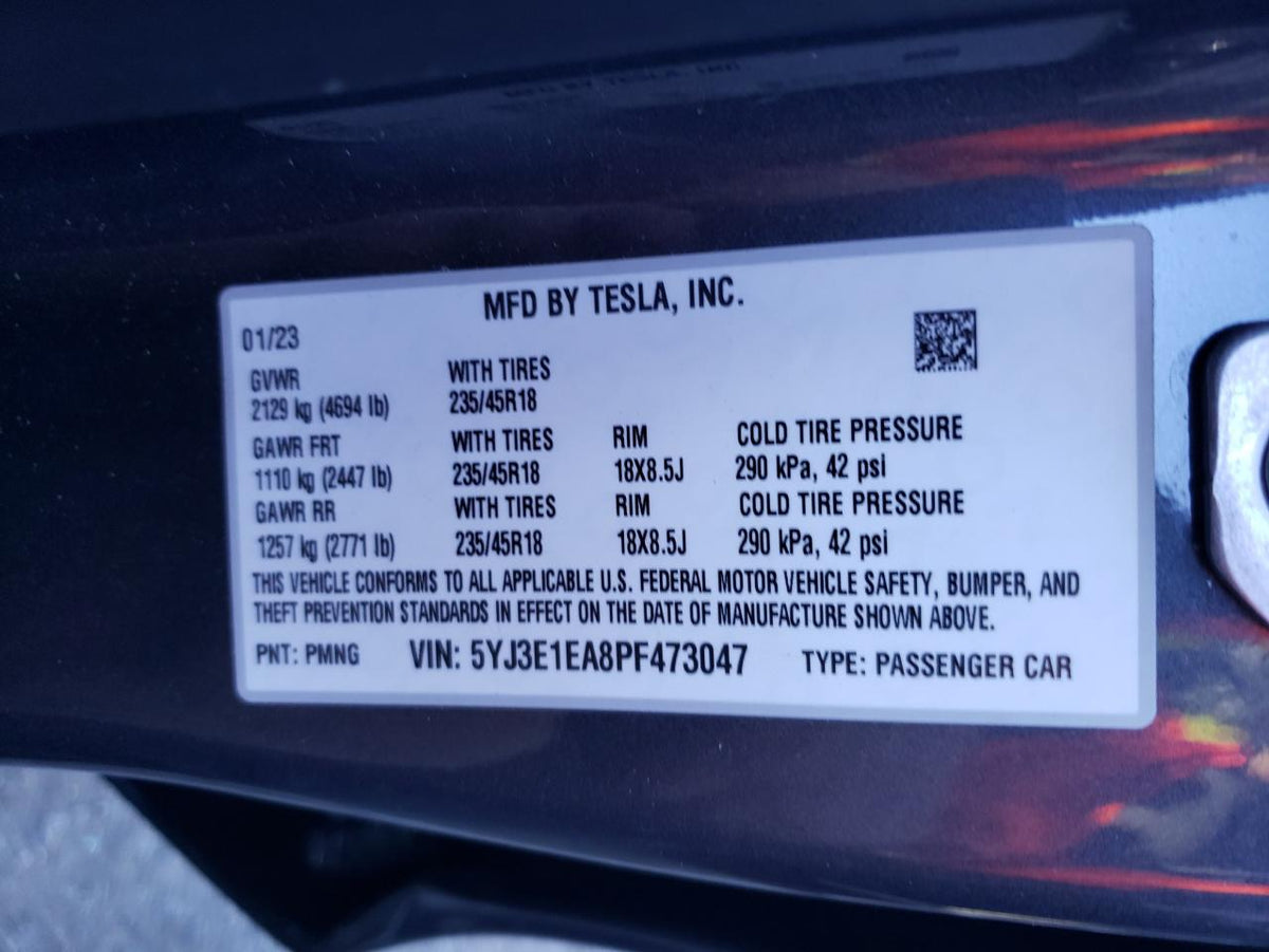 2023 TESLA MODEL 3 VIN:5YJ3E1EA8PF473047