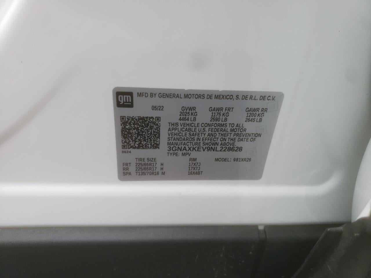 2022 CHEVROLET EQUINOX LT VIN:3GNAXKEV9NL228628