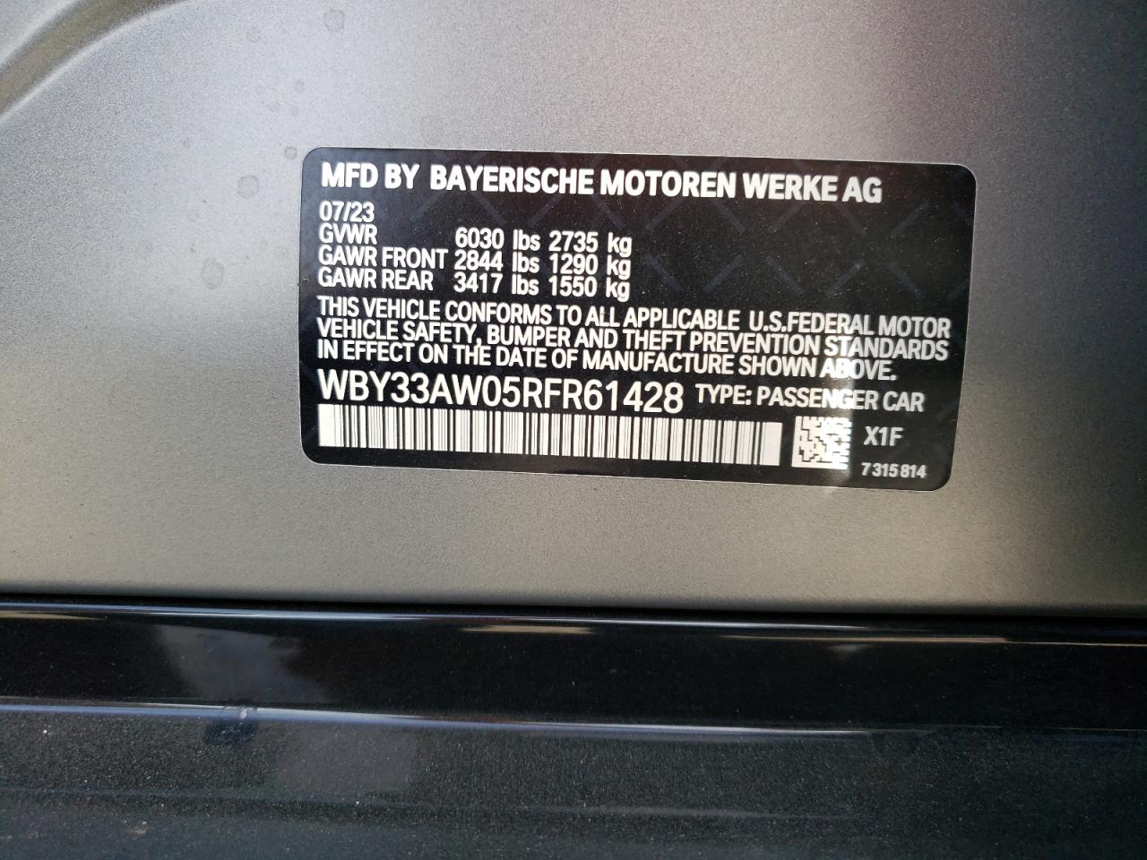 2024 BMW I4 M50 VIN:WBY33AW05RFR61428