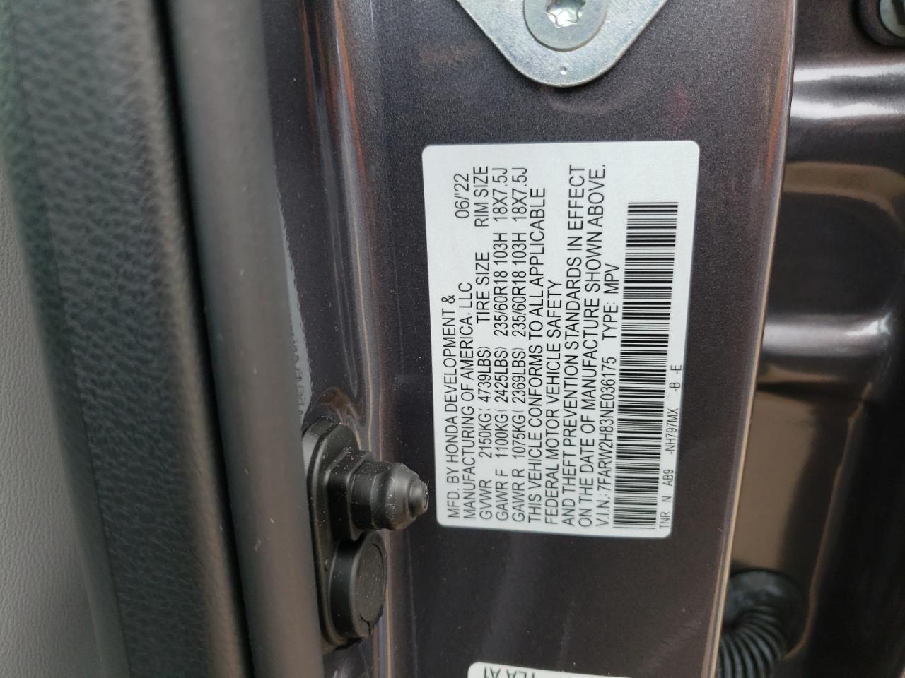 2022 HONDA CR-V EXL VIN:7FARW2H83NE036175