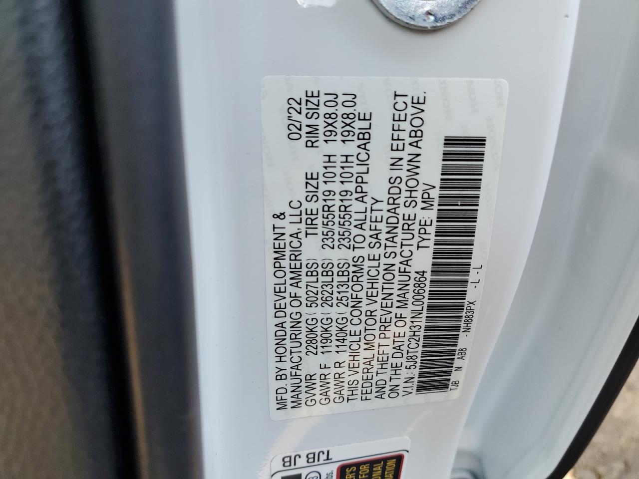 2022 ACURA RDX VIN:5J8TC2H31NL006864