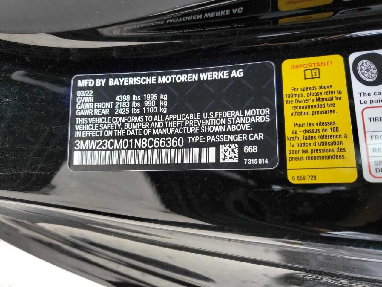 2022 BMW 230I VIN:3MW23CM01N8C66360