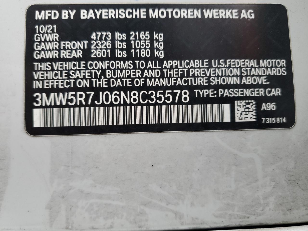 2022 BMW 330XI VIN:3MW5R7J06N8C35578