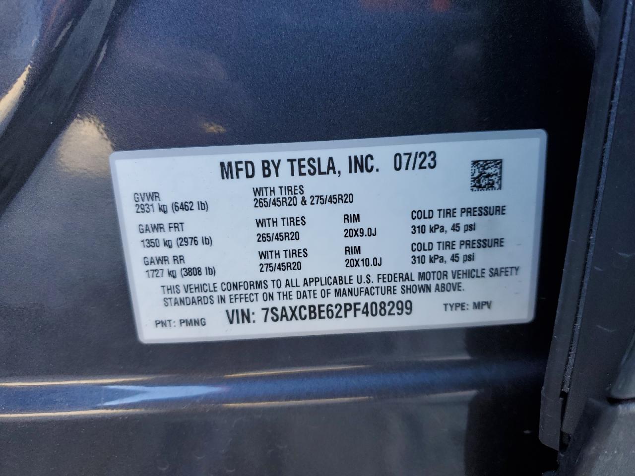 2023 TESLA MODEL X VIN:7SAXCBE62PF408299