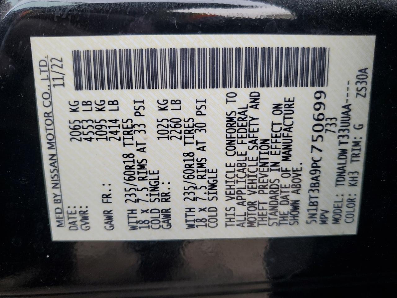 2023 NISSAN ROGUE SV VIN:5N1BT3BA9PC750699