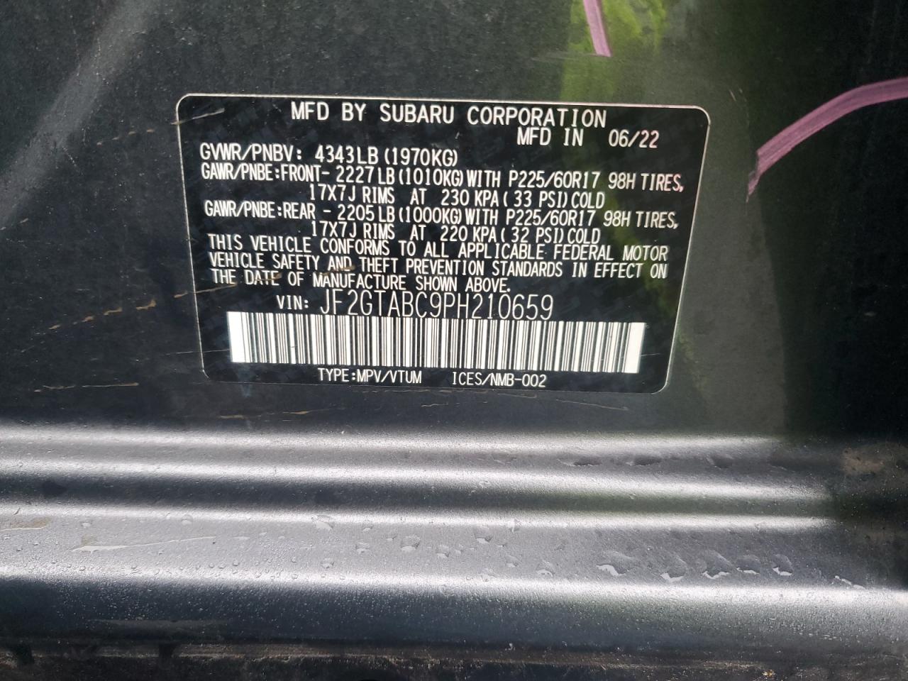 2023 SUBARU CROSSTREK VIN:JF2GTABC9PH210659