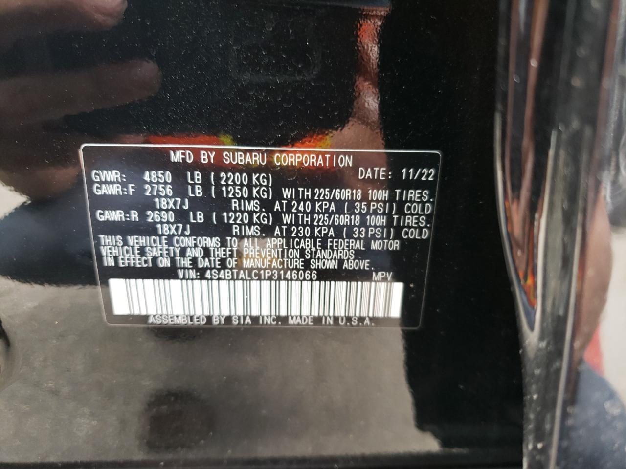 2023 SUBARU OUTBACK ONYX EDITION VIN:4S4BTALC1P3146066