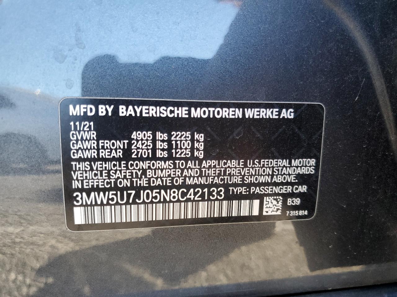 2022 BMW M340I VIN:3MW5U7J05N8C42133