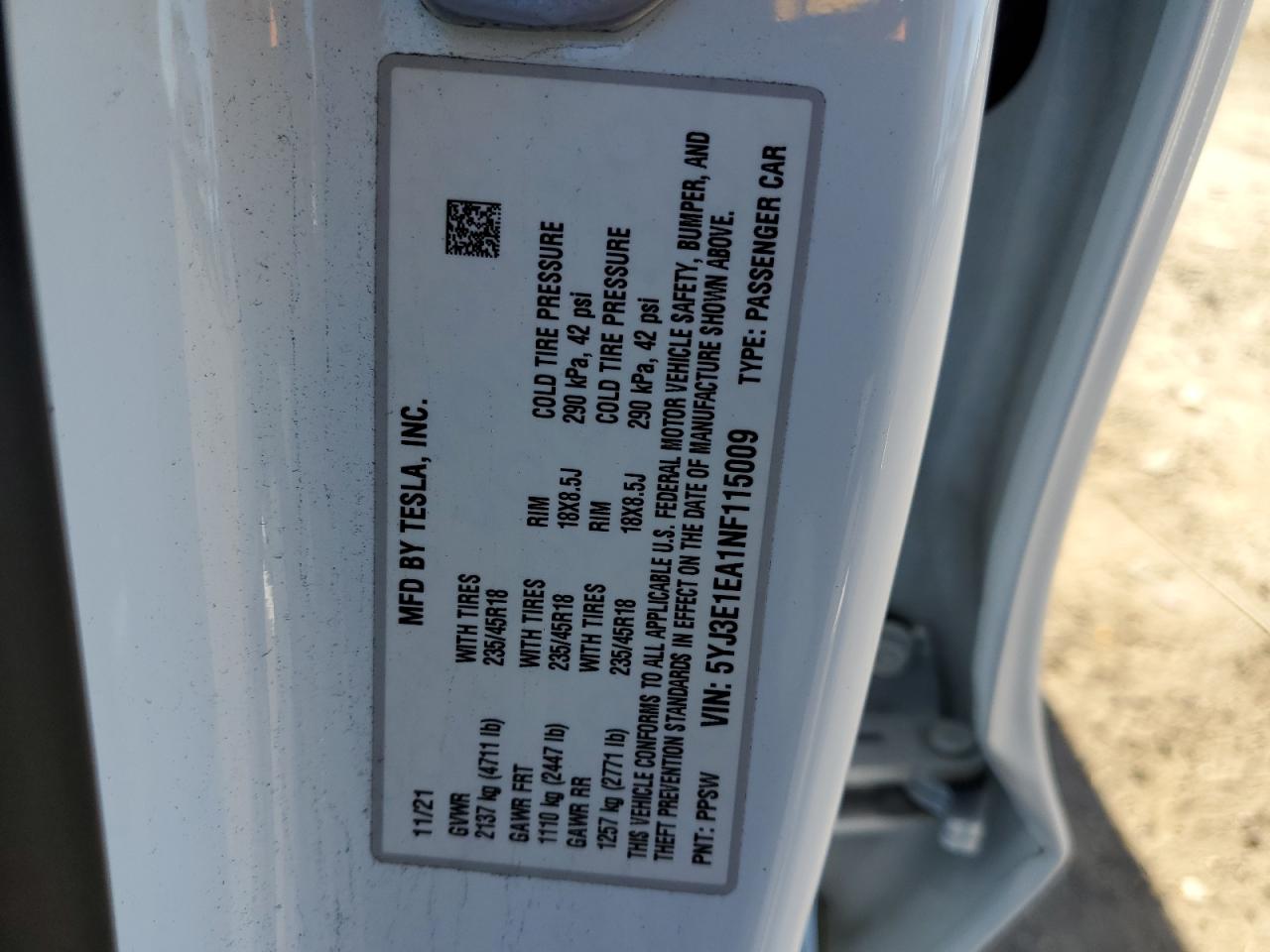 2022 TESLA MODEL 3 VIN:5YJ3E1EA1NF115009