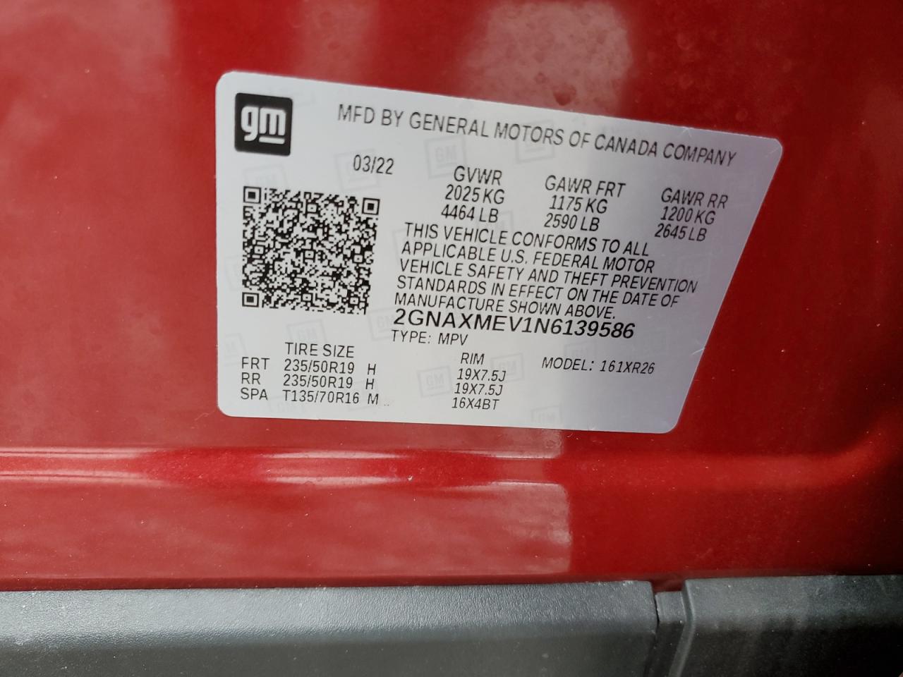 2022 CHEVROLET EQUINOX RS VIN:2GNAXMEV1N6139586