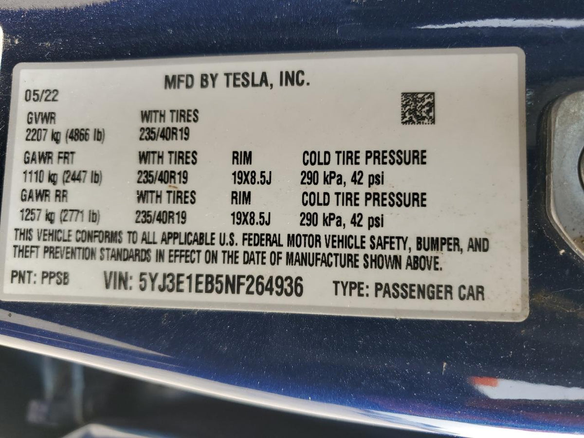 2022 TESLA MODEL 3 VIN:5YJ3E1EB5NF264936