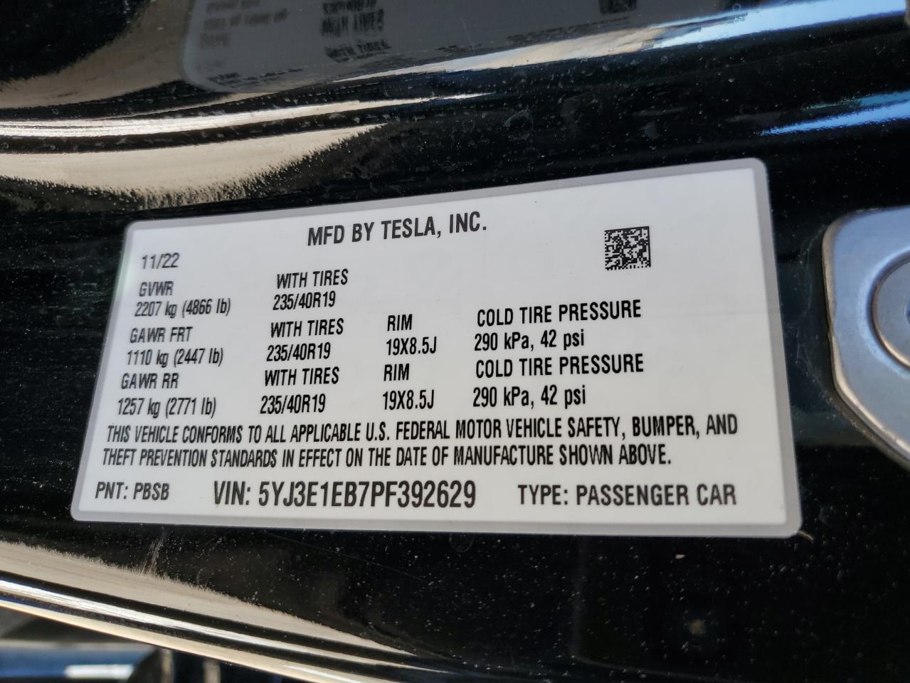 2023 TESLA MODEL 3 VIN:5YJ3E1EB7PF392629