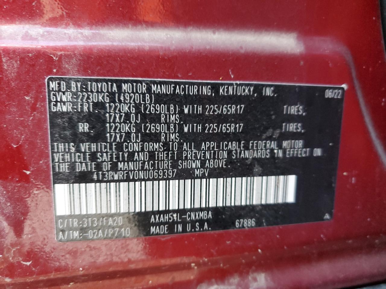 2022 TOYOTA RAV4 XLE VIN:4T3RWRFV0NU069397