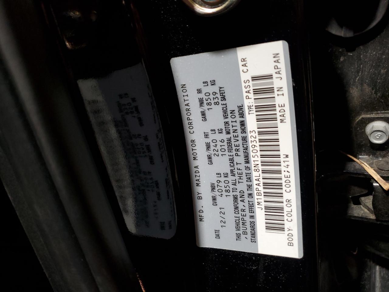 2022 MAZDA 3 VIN:JM1BPAAL8N1509323