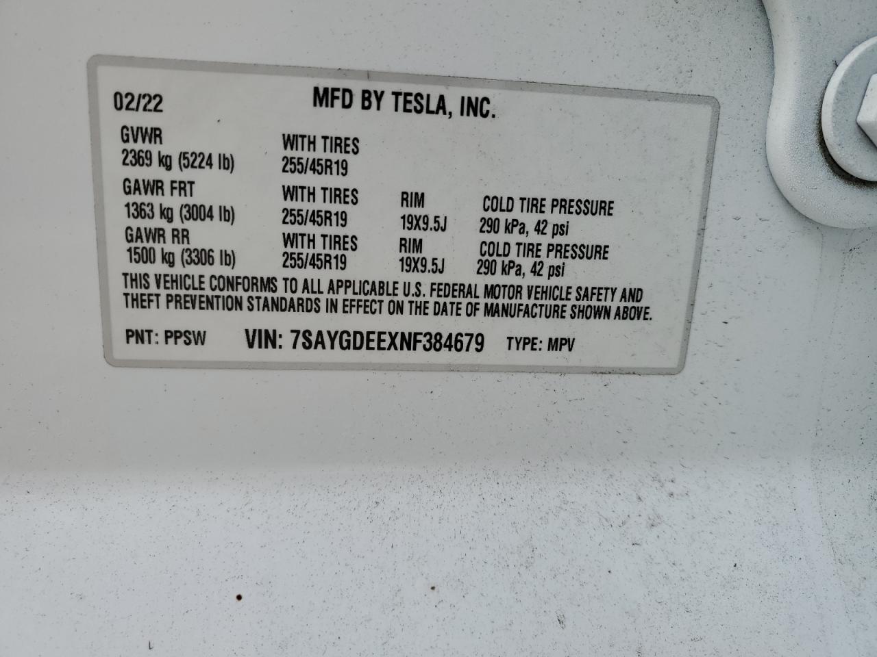 2022 TESLA MODEL Y VIN:7SAYGDEEXNF384679