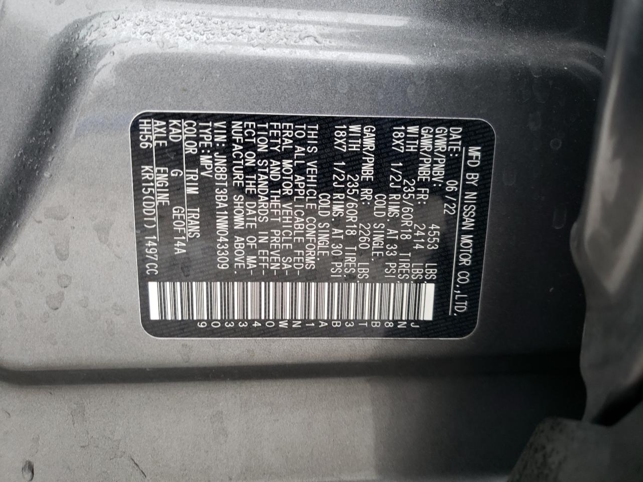 2022 NISSAN ROGUE SV VIN:JN8BT3BA1NW043309