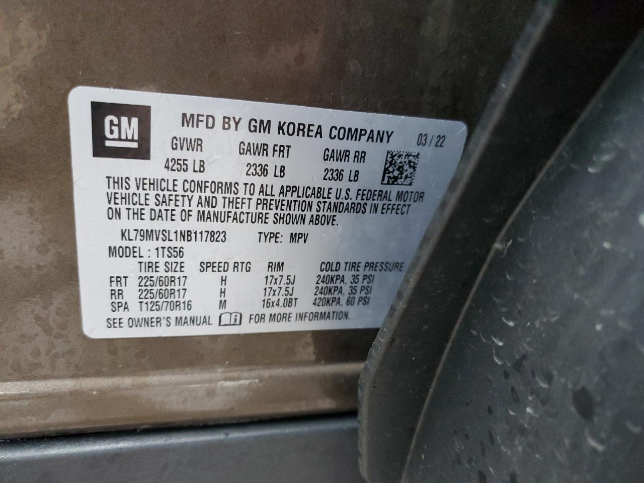 2022 CHEVROLET TRAILBLAZER ACTIV VIN:KL79MVSL1NB117823