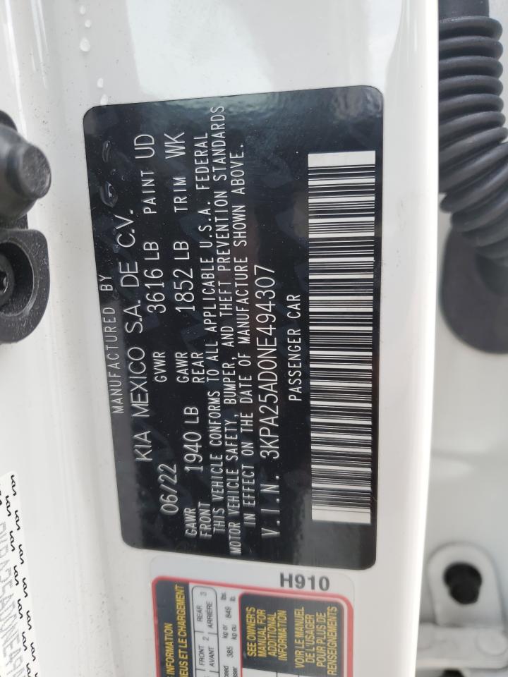 2022 KIA RIO S VIN:3KPA25AD0NE494307