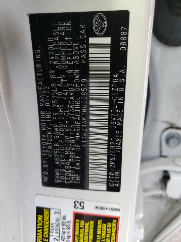 2022 TOYOTA CAMRY TRD VIN:4T1KZ1AK1NU068579