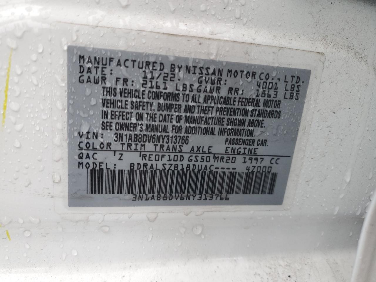 2022 NISSAN SENTRA SR VIN:3N1AB8DV6NY313766