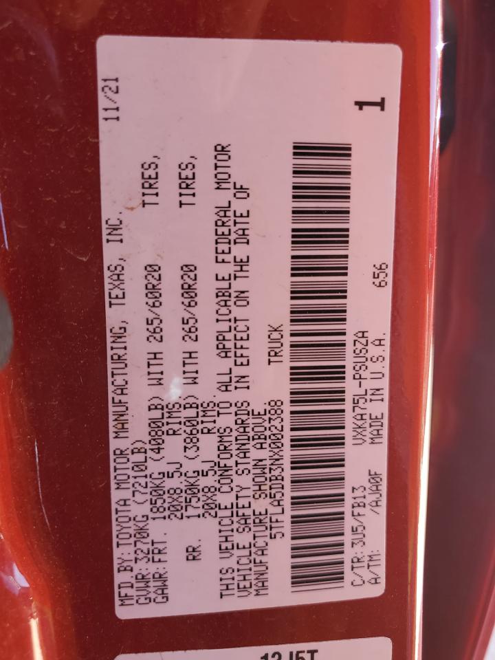 2022 TOYOTA TUNDRA CREWMAX SR VIN:5TFLA5DB3NX002388