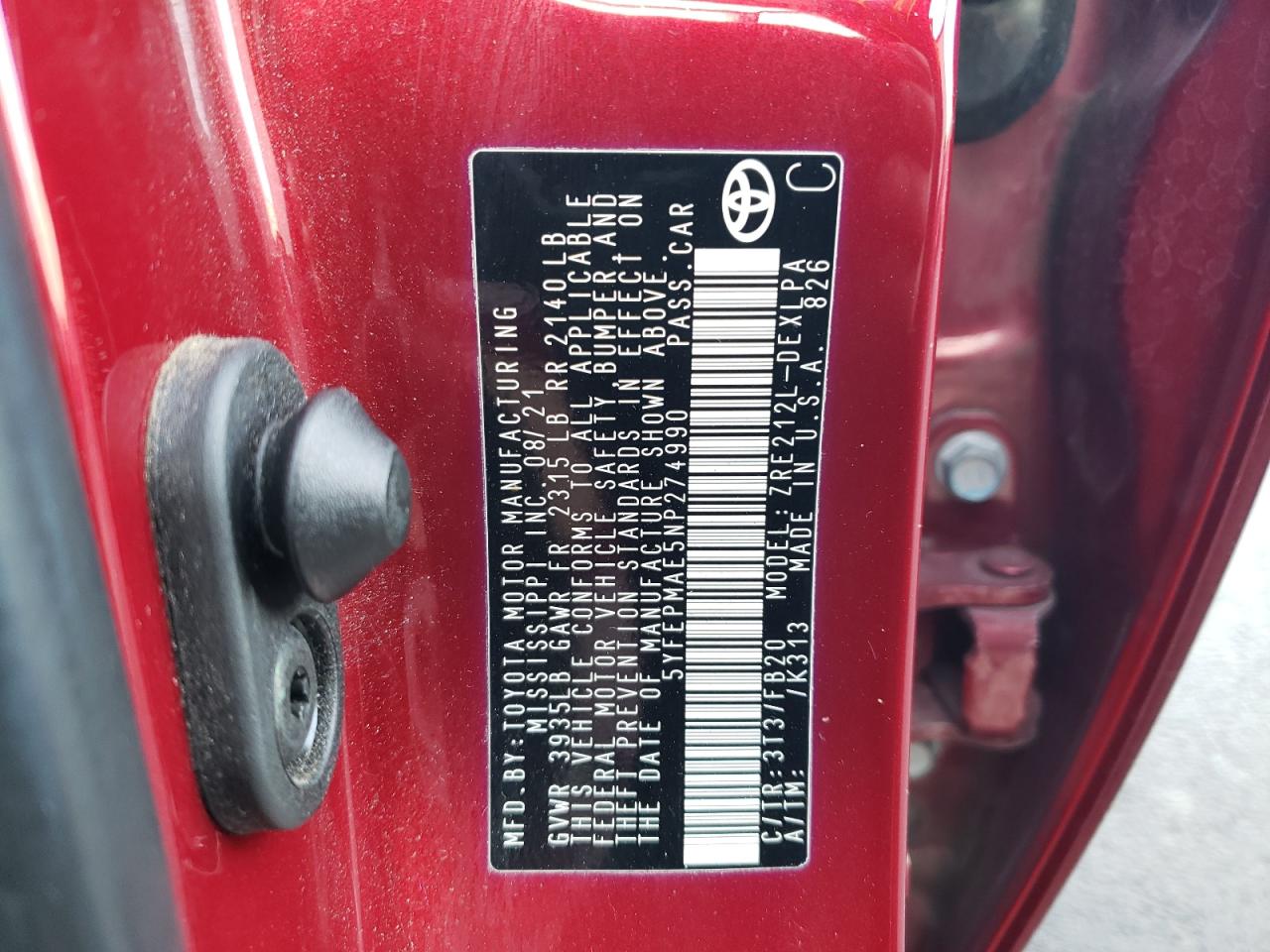 2022 TOYOTA COROLLA LE VIN:5YFEPMAE5NP274990