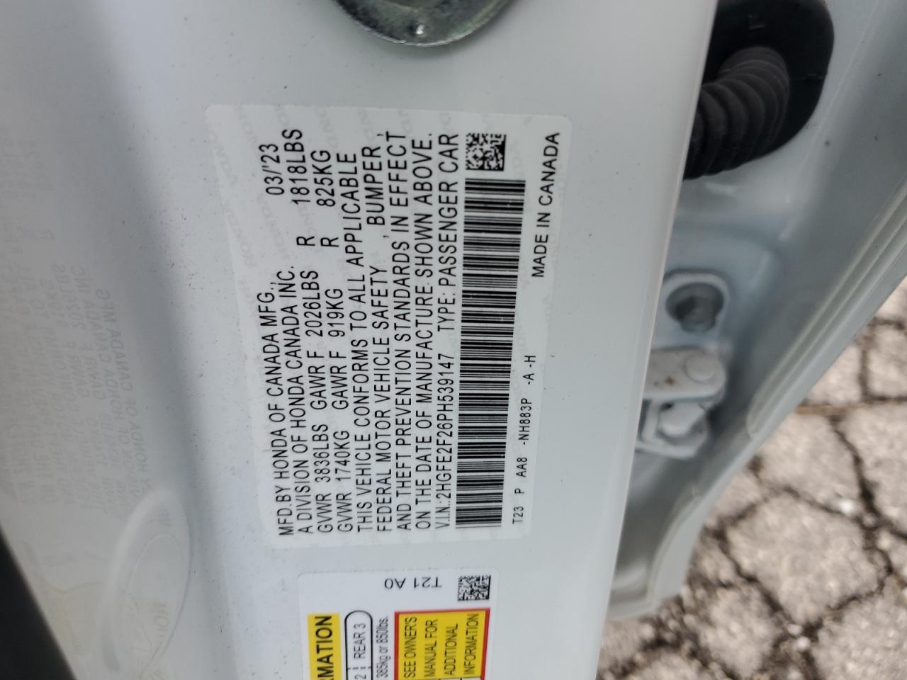 2023 HONDA CIVIC LX VIN:2HGFE2F26PH539147