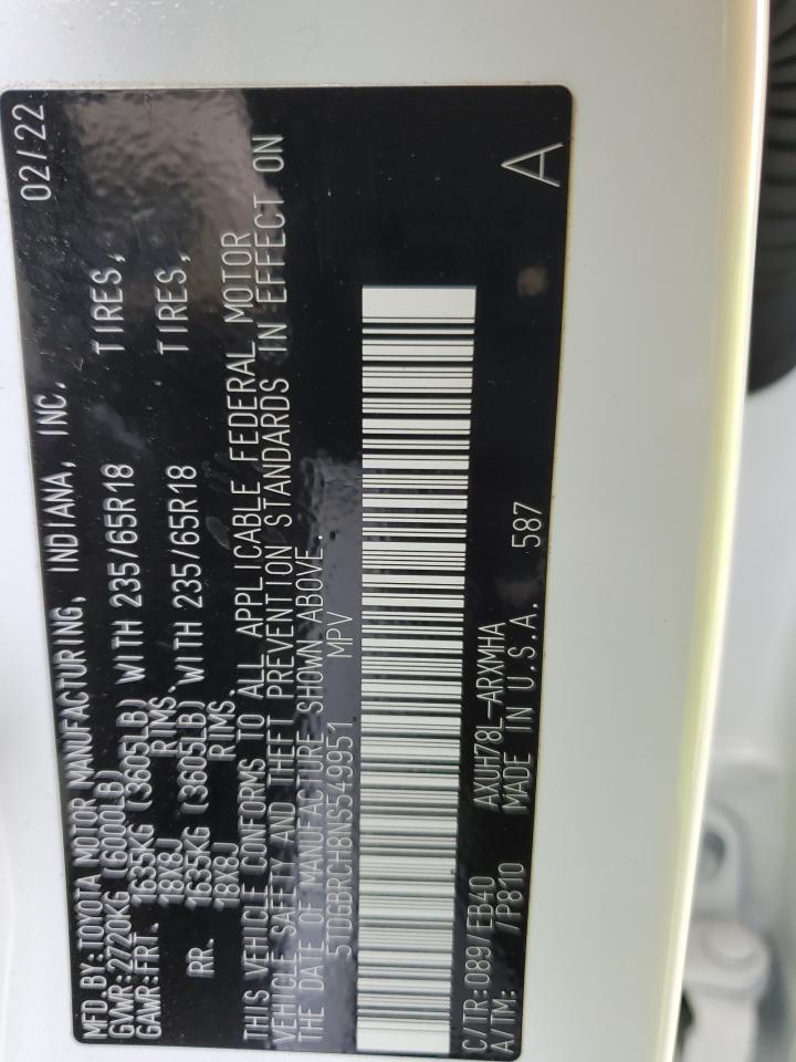 2022 TOYOTA HIGHLANDER HYBRID XLE VIN:5TDGBRCH8NS549951