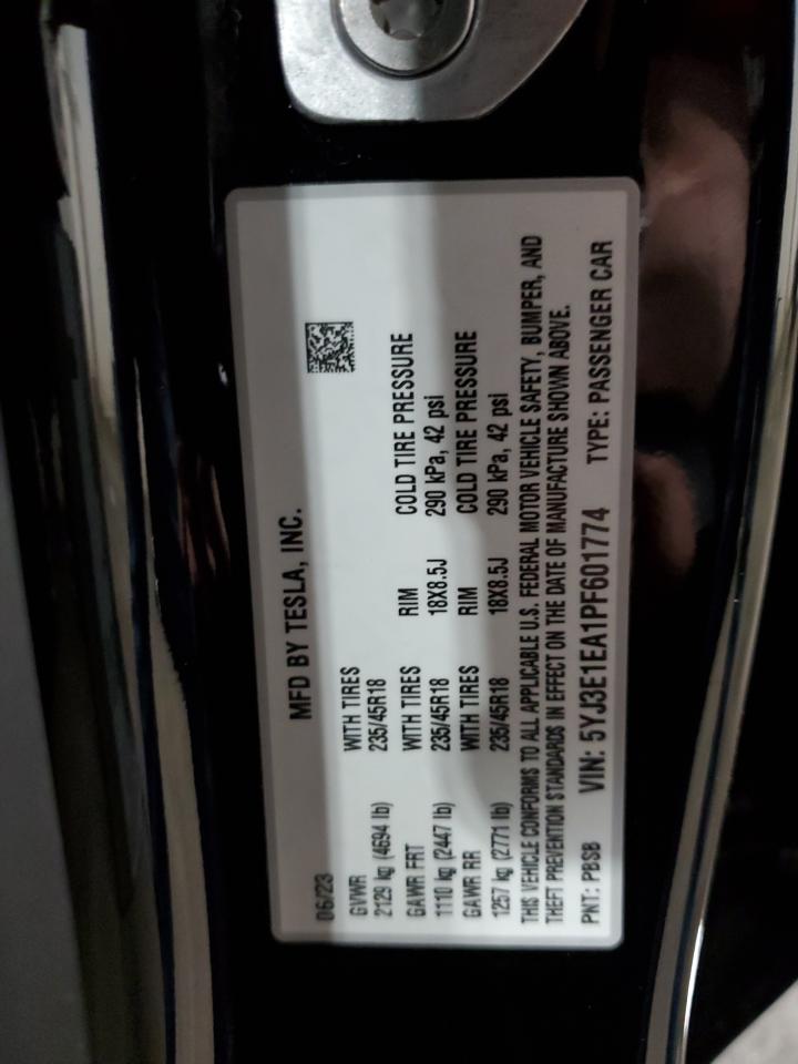 2023 TESLA MODEL 3 VIN:5YJ3E1EA1PF601774