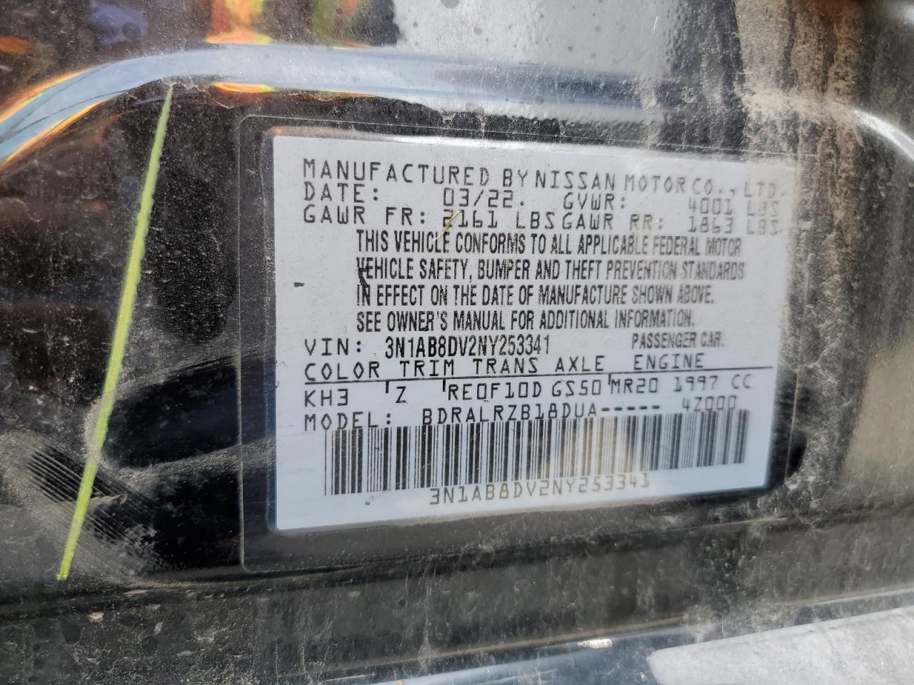 2022 NISSAN SENTRA SR VIN:3N1AB8DV2NY253341