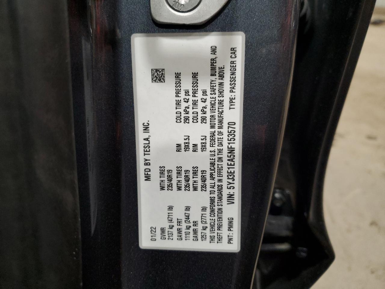 2022 TESLA MODEL 3 VIN:5YJ3E1EA5NF153570