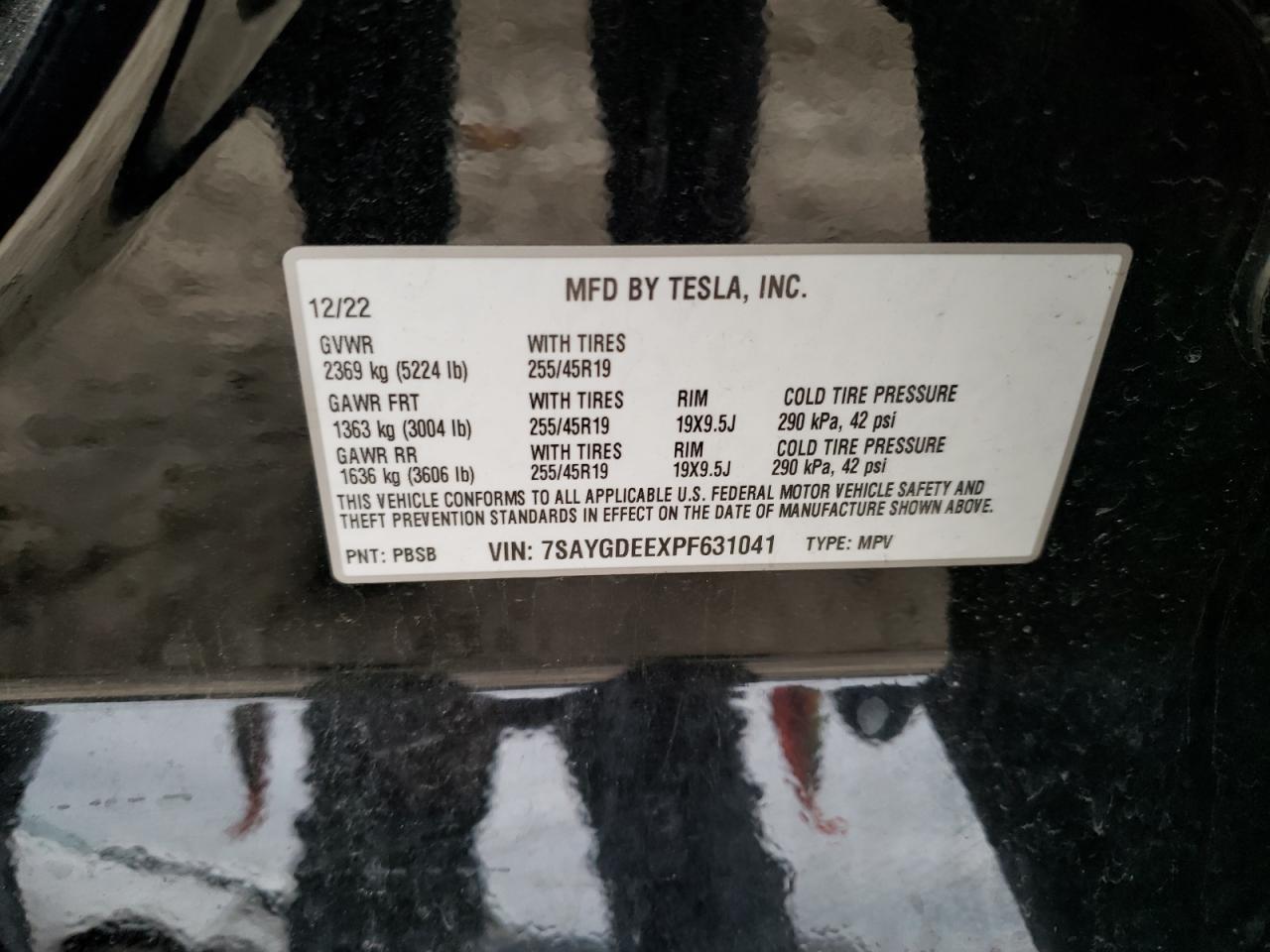 2023 TESLA MODEL Y VIN:7SAYGDEEXPF631041