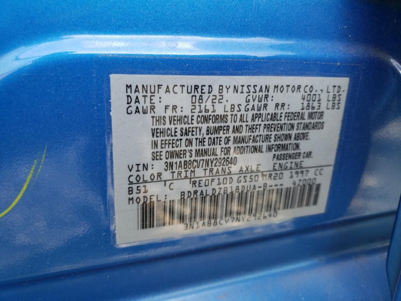 2022 NISSAN SENTRA SV VIN:3N1AB8CV7NY292640