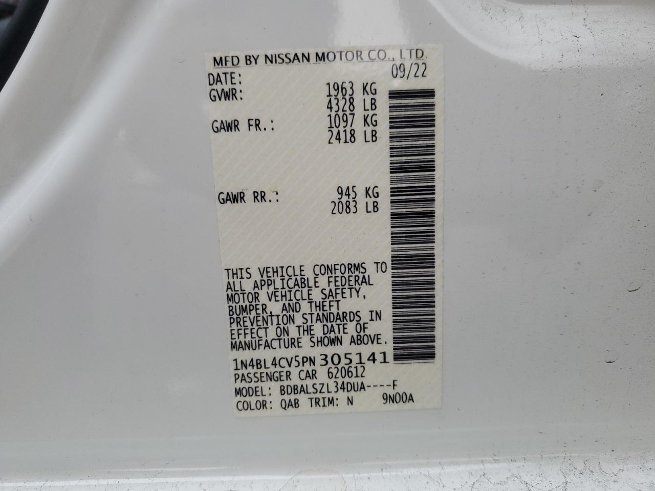 2023 NISSAN ALTIMA SR VIN:1N4BL4CV5PN305141