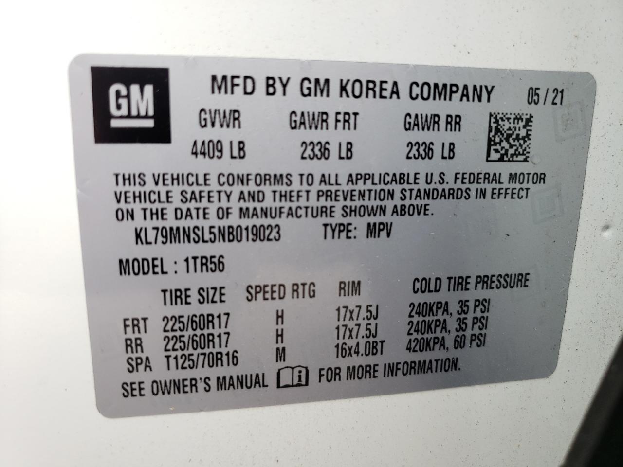 2022 CHEVROLET TRAILBLAZER LS VIN:KL79MNSL5NB019023