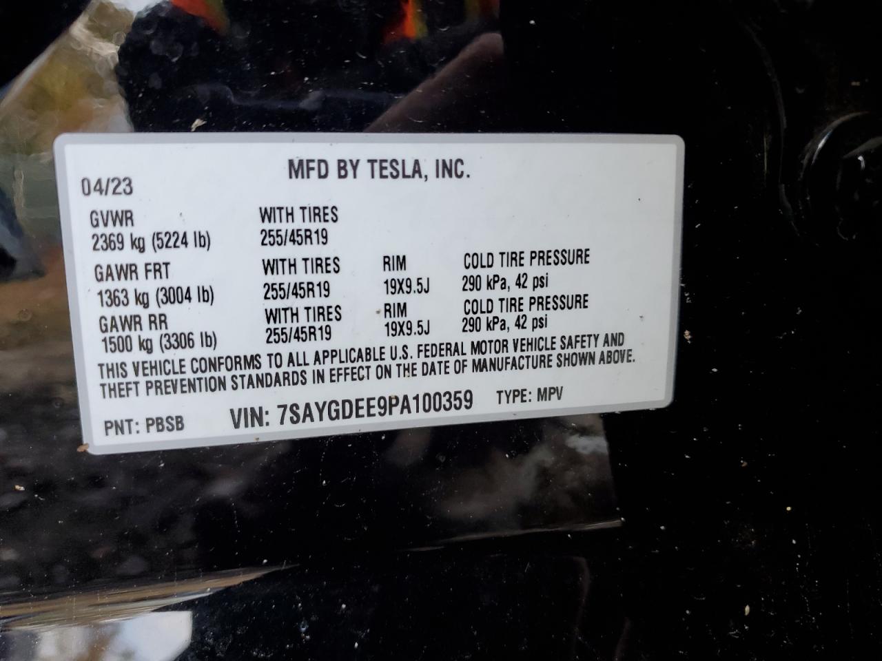 2023 TESLA MODEL Y VIN:7SAYGDEE9PA100359