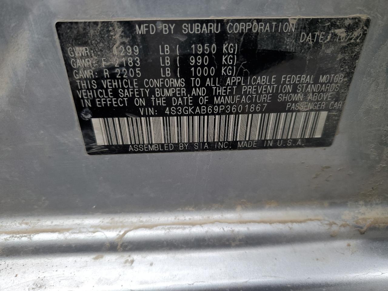 2023 SUBARU IMPREZA VIN:4S3GKAB69P3601867