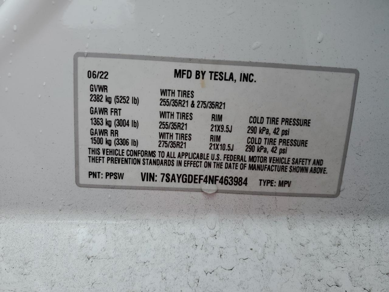 2022 TESLA MODEL Y VIN:7SAYGDEF4NF463984