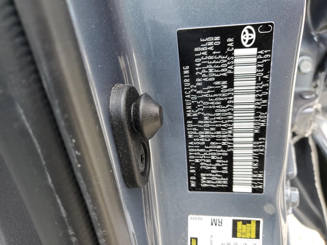 2022 TOYOTA COROLLA LE VIN:5YFEPMAEXNP379430