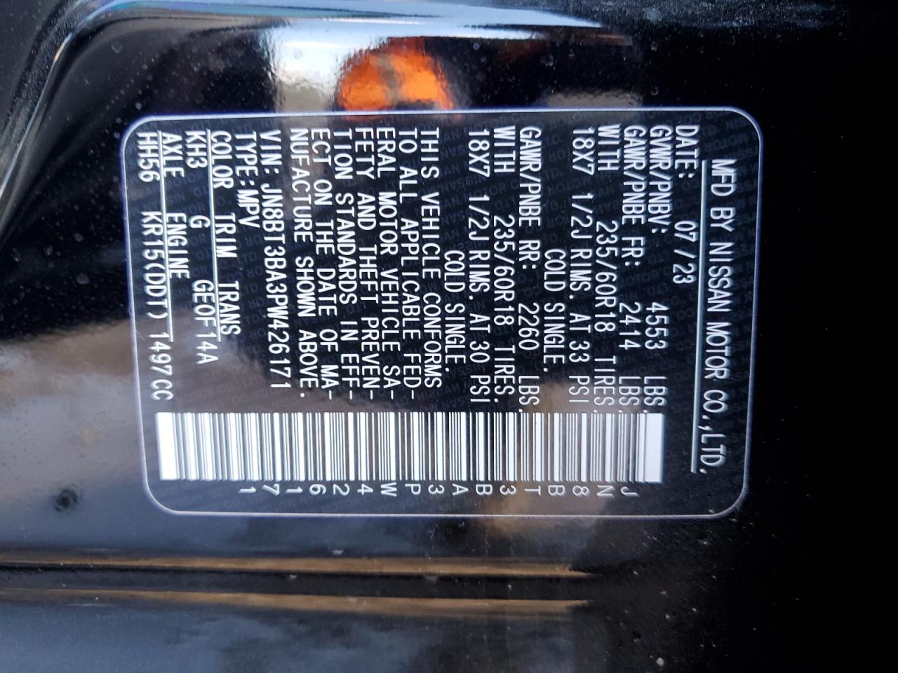 2023 NISSAN ROGUE SV VIN:JN8BT3BA3PW426171