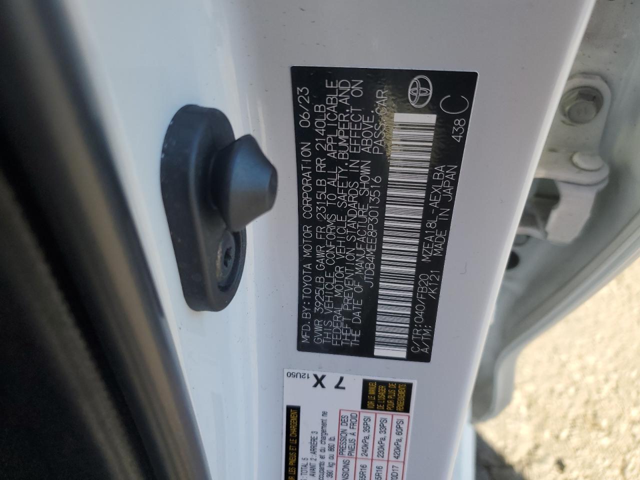 2023 TOYOTA COROLLA LE VIN:JTDB4MEE8P3013516