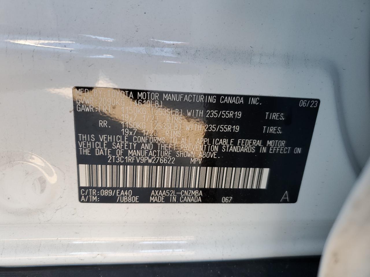 2023 TOYOTA RAV4 XLE PREMIUM VIN:2T3C1RFV9PW276622