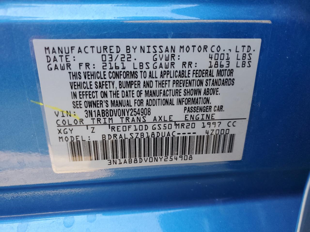 2022 NISSAN SENTRA SR VIN:3N1AB8DV0NY254908
