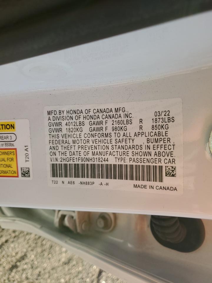 2022 HONDA CIVIC TOURING VIN:2HGFE1F90NH318244